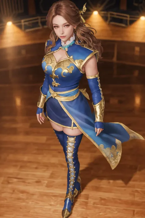 highres,absurdres,masterpiece,best quality,original,extremely detailed CG,extremely detailed wallpaper,perfect lighting,(standing on the stage),looking at viewer,1girl,blurry background,bare hands,from above,
<lora:ZSGWSzhangchunhua:0.7>,ZSGWSzhangchunhua,brown hair,dress,long hair,brown eyes,armor,elbow gloves,jewelry,earrings,hair ornament,thighhighs,high heel boots,