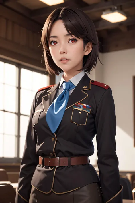 masterpiece best quality, highly detailed, making eye contact <lora:HighSchoolFleet_MunetaniMayuki:.8> MunetaniMayuki, brown hair, red eyes, short hair, mature, military uniform, brown jacket, breast pocket, blue necktie, belt, pencil skirt