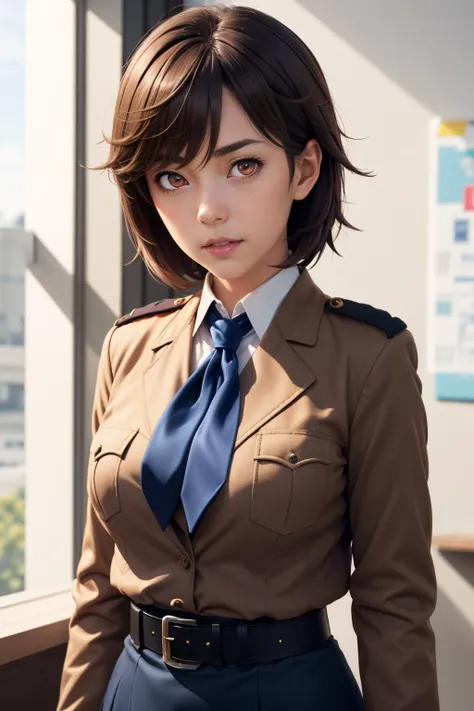 masterpiece best quality, highly detailed, adjusting her collar <lora:HighSchoolFleet_MunetaniMayuki:.8> MunetaniMayuki, brown hair, red eyes, short hair, mature, military uniform, brown jacket, breast pocket, blue necktie, belt, pencil skirt