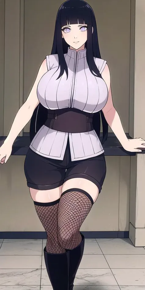 <lora:Hyuuga_HinataV1:0.7> hyuuga_hinata, huge_breasts, standing, solo, sleeveless_shirt_Black_shorts_fishnet_thighhighs,, masterpiece, best quality, detailed face, detailed eyes, highres,