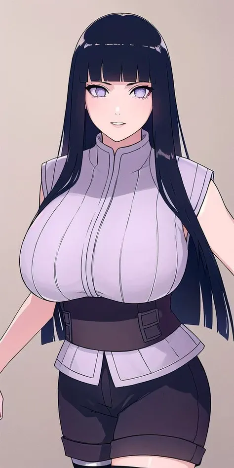 <lora:Hyuuga_HinataV1:0.7> hyuuga_hinata, huge_breasts, standing, solo, sleeveless_shirt_Black_shorts_fishnet_thighhighs,, masterpiece, best quality, detailed face, detailed eyes, highres,