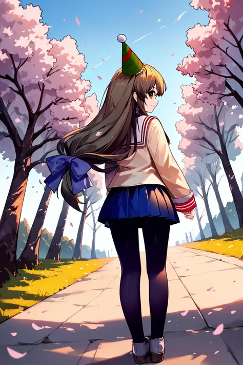 score_9, score_8_up, score_7_up, score_6_up, rating_safe, source_anime, best quality, masterpiece, detailed background, path, cherry blossom trees, white background, from behind view, turning back, (dutch angle), <lora:ibuki-fuko-xl-06:0.9>, ibuki fuko, light yellow clannad uniform, blue skirt, black tights, small breasts, party hat, smile