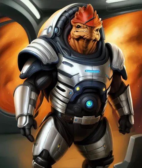 <lora:krogan:0.9>, by meesh, (by justmegabenewell:1.1), high quality, masterpiece, hi res, detailed space background, krogan, male, working, standing sfw, armor, black armor,