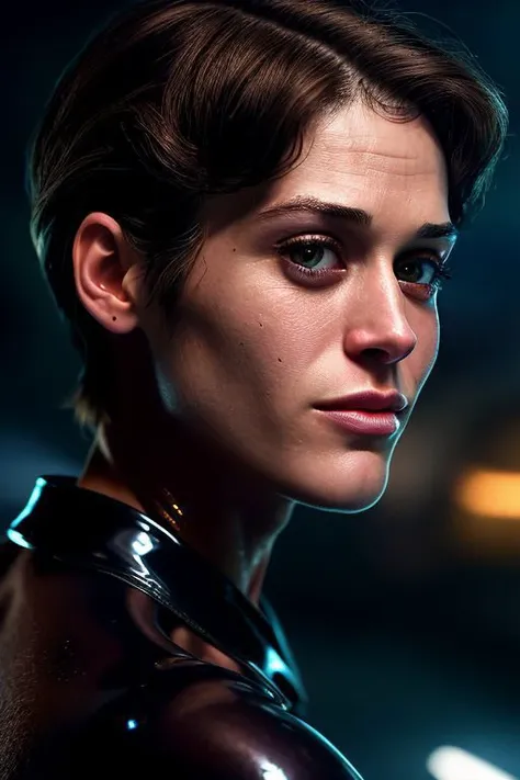 (CR-LizzyC4pl4n-frankyfrank2k:0.9), closeup photo of woman, (grey background:1.0), (oiled shiny skin:1.0), (tilted angle shot:1.0), (slick undercut hair:1.1), soft lighting,