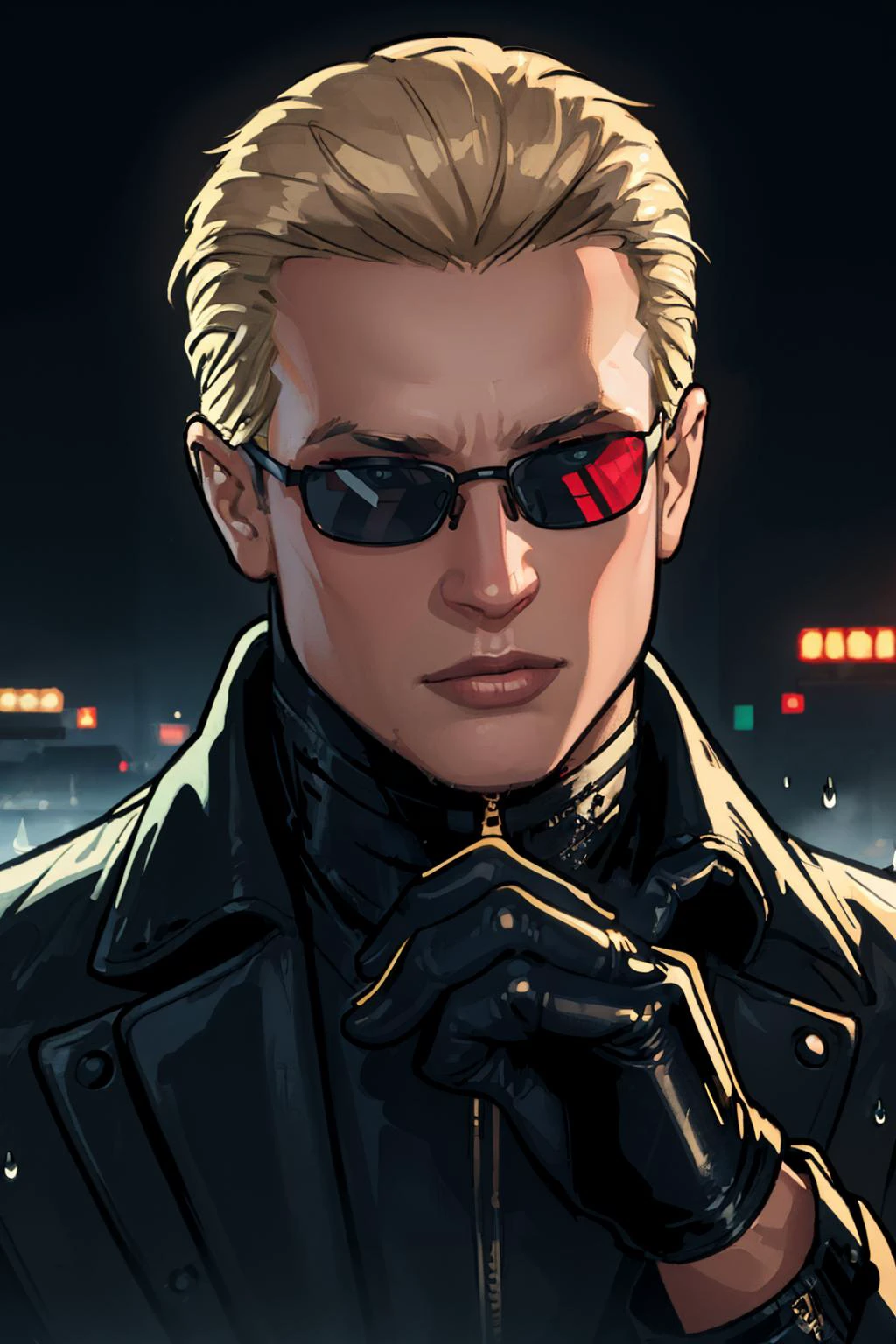 (masterpiece, best quality:1.2), <lora:albertwesker:0.9>, albertwesker, 1boy, solo, gloves, jacket, black gloves, coat, sunglasses, leather, outdoors, night sky, rain, reflection, neon lights, light particles, glowing, raining, portrait, close-up, looking at viewer, <lora:Fllustration_v1.0:0.75>, Fllustration, flat, vector, <lora:AdamHughesStyleV7:0.7>, Adamhughesstyle,