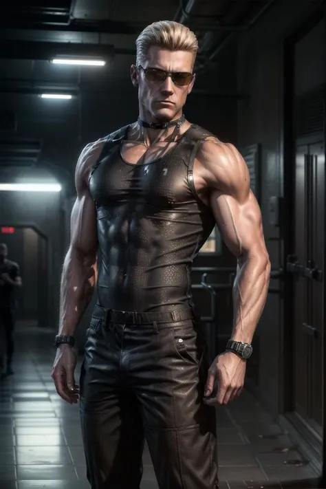 Wesker, shirtless, wearing a black speedo:1.3, cowboy boots, no shirt, butt showing, (solo:1.3)
