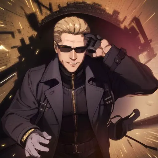 (make Albert Wesker in dynamic scene, action movie), highly detailed, highres, extremely detailed, perfect face, detailed face, anime, best quality, masterpiece, intricate detail, detailed hands, animation, illustration, back combed hair, (blonde hair:1.4), looking at viewer, shades, sunglasses, black trench coat, high definition, sharp focus, <lora:neg4all_bdsqlsz_V3.5:1>, OverallDetail, deep shadow, dimly lit, shade, animification, <lora:dreamlookai_lora_db_bb89d853_ckp_9966b693_step_3000_Wesker:0.7>, <lora:Hiroyuki Kitazume:0.4>, <lora:beard_slider_v10:-3>, <lora:gender_slider_v1:-4>, Best_QualityPos, Earth-QualityPos, BodyPositive, prettify, hotify, slick back hair, <lora:AlbertWeskerRE:0.5> AlbertWeskerRE, <lora:neg_bdsqlsz_V2:1>, pureerosface_v1, male focus, weapon, gun, boots, coat, black gloves, adjusting eyewear, handgun, leather, watch, smile, zipper, full body, <lora:albertwesker:0.4> albertwesker,