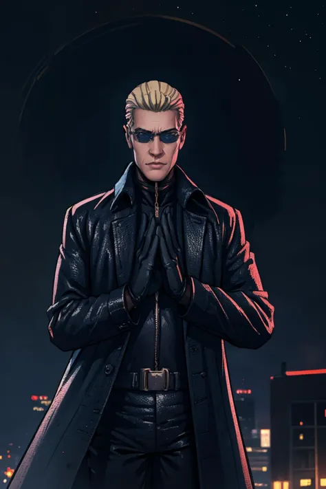 (masterpiece, best quality:1.2), <lora:albertwesker:1>, albertwesker, solo, gloves, 1boy, jacket, black gloves, coat, sunglasses, leather, outdoors, night sky, <lora:sleepygimp:.95>, sleepygimp, looking at viewer,