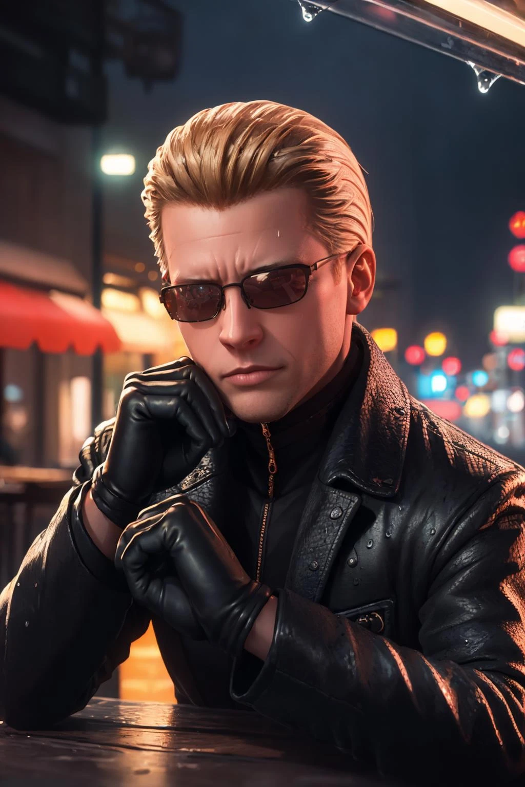 (masterpiece, best quality:1.2), <lora:albertwesker:.95>, albertwesker, solo, gloves, 1boy, jacket, black gloves, coat, sunglasses, leather, outdoors, night sky, rain, reflection, neon lights, cafe, light particles, glowing, raining, portrait, close-up,