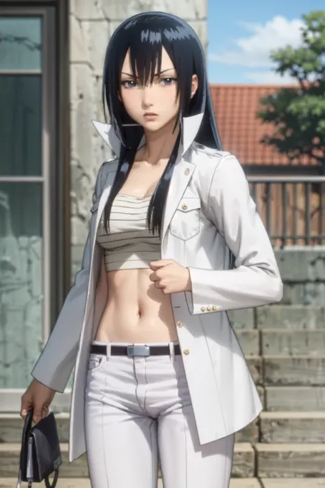 (masterpiece, best quality:1.2), <lora:beelzebub_kunieda-10:0.8>, cowboy shot, solo, 1girl, kunieda aoi, serious, closed mouth, blue hair, open clothes, coat, sarashi, white pants