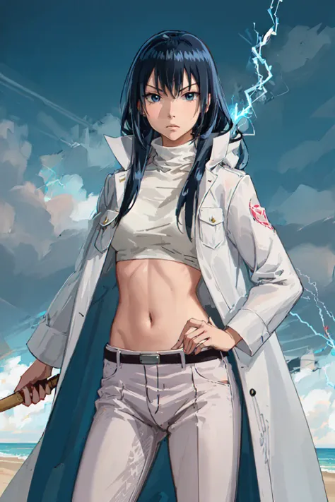 (masterpiece, best quality:1.2), <lora:beelzebub_kunieda-10:0.7>, <lora:lightningvfxCreateMore_v1:0.6>, solo, 1girl, kunieda aoi, serious, closed mouth, holding wooden sword, blue hair, open clothes, coat, sarashi, white pants, midriff, surrounded by blue lightning