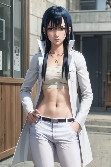 (masterpiece, best quality:1.2), <lora:beelzebub_kunieda-14:1>, cowboy shot, solo, 1girl, kunieda aoi, expressionless, closed mouth, looking at viewer, hand on hip, blue hair, coat, sarashi, white pants, necklace, midriff