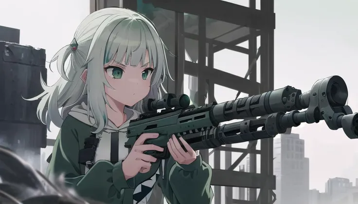 1 girl in an abandoned city, holding an gun, assault rifle,
<lora:guragawr-lyco-nochekaiser:1>
gura gawr, grey hair, medium hair, shark girl, two side up,
hood, long sleeves, (green hoodie: 1.5),
masterpiece, 8k, best quality,
