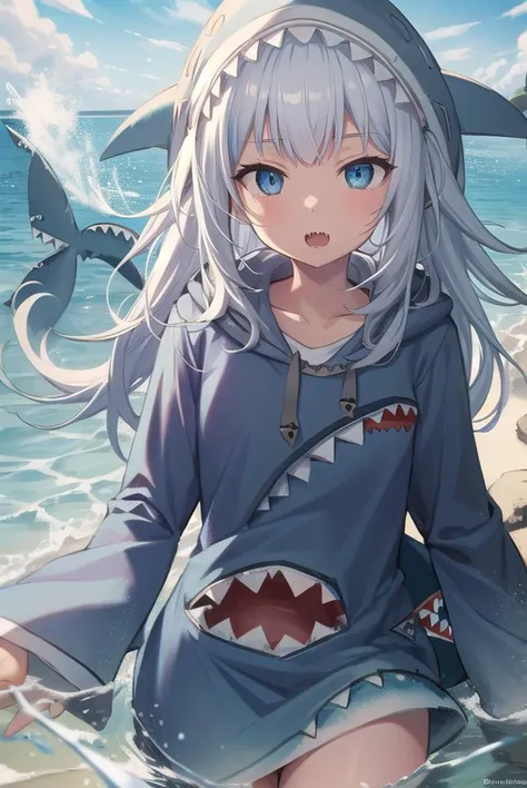 guragawr, <lyco:guragawr-lyco-nochekaiser:1>,
gura gawr, blue hair, grey hair, medium hair, multicolored hair, shark girl, sharp teeth, two side up, teeth,
BREAK animal hood, blue nails, fins, fish tail, hood, long sleeves, (shark hood:1.5), shark tail, tail,
BREAK looking at viewer,
BREAK outdoors, ocean, submerged,
BREAK <lyco:GoodHands-beta2:1>, (masterpiece:1.2), best quality, high resolution, unity 8k wallpaper, (illustration:0.8), (beautiful detailed eyes:1.6), extremely detailed face, perfect lighting, extremely detailed CG, (perfect hands, perfect anatomy),
