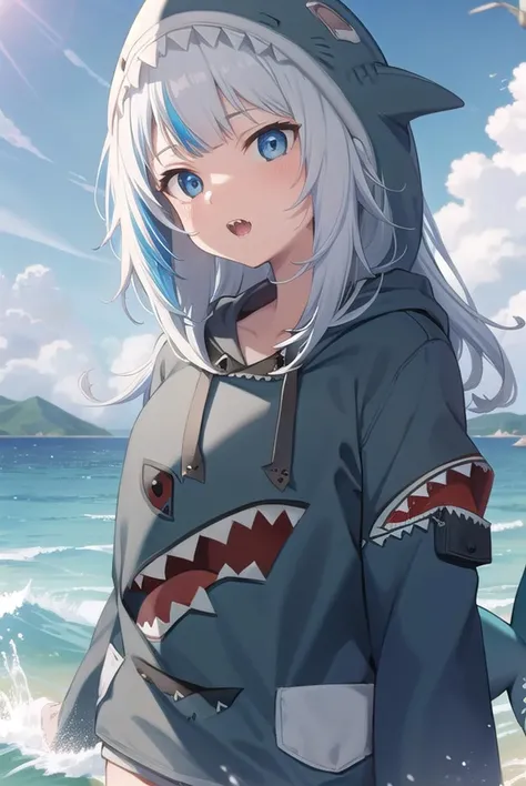 guragawr, <lyco:guragawr-lyco-nochekaiser:1>,
gura gawr, blue hair, grey hair, medium hair, multicolored hair, shark girl, sharp teeth, two side up, teeth,
BREAK (animal hood:1.5), blue nails, fins, fish tail, hood, long sleeves, (shark hood:1.5), shark tail, tail,
BREAK looking at viewer,
BREAK outdoors, ocean, submerged,
BREAK <lyco:GoodHands-beta2:1>, (masterpiece:1.2), best quality, high resolution, unity 8k wallpaper, (illustration:0.8), (beautiful detailed eyes:1.6), extremely detailed face, perfect lighting, extremely detailed CG, (perfect hands, perfect anatomy),