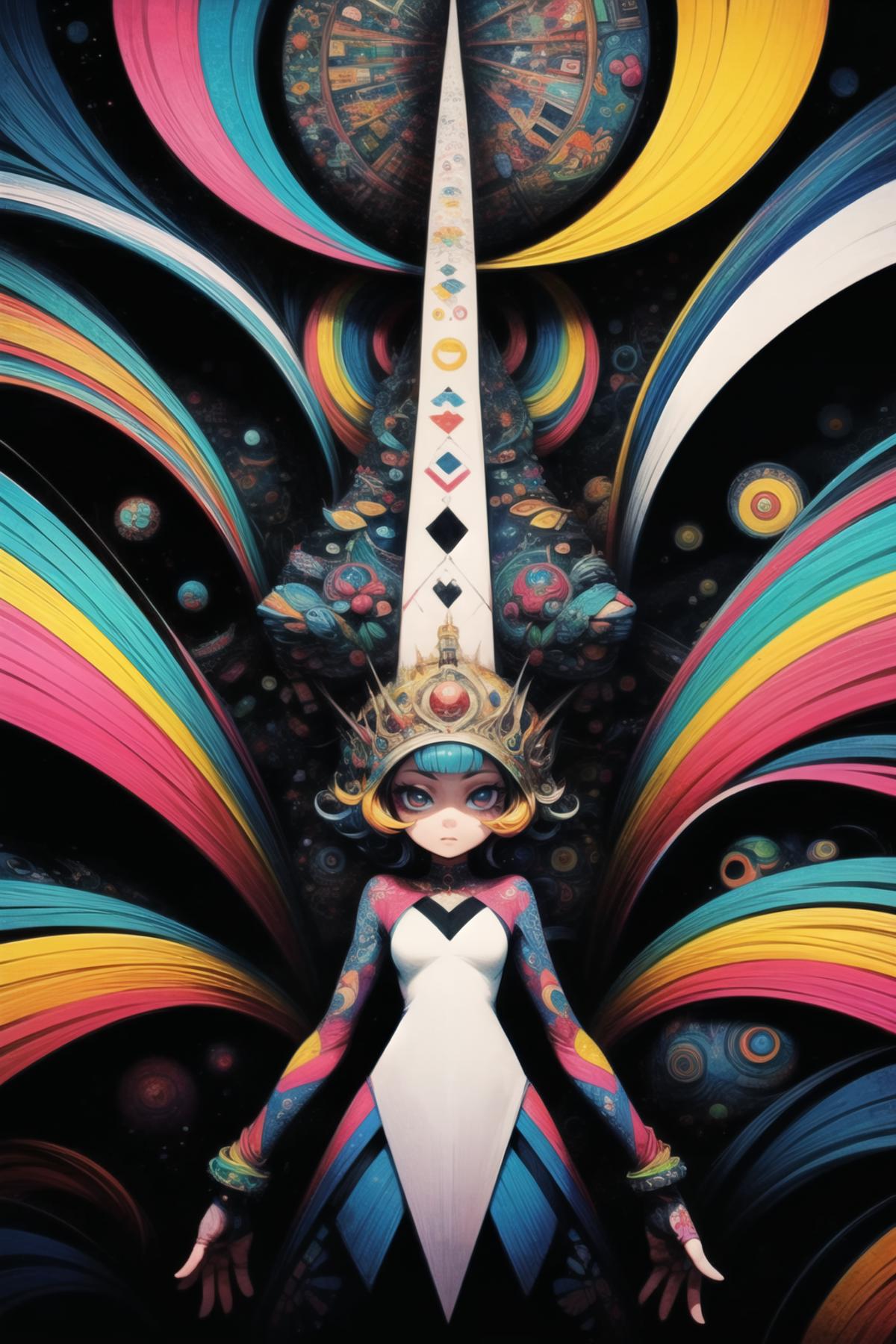 A woman in a colorful dress with a sword and a crown - SeaArt AI