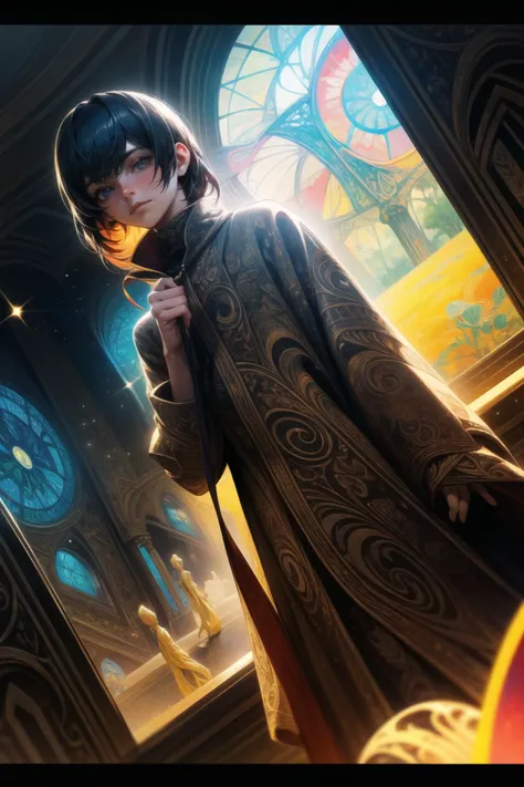 <lora:p4a_v1_a-lora-e20:1>,(1boy:1.1),<lora:add_detail:0.7>,windowboxed,sparkle_background,p4a psychedelic,, art by greg rutkowski and artgerm, soft cinematic light, adobe lightroom, photolab, hdr, intricate, highly detailed, (depth of field:1.4)