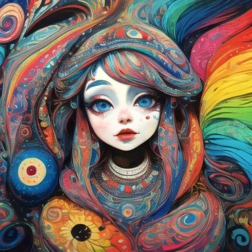 A painting of a woman with colorful hair and a bird - SeaArt AI