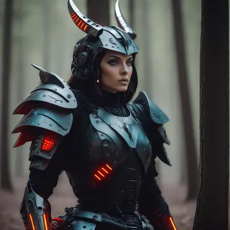 documentary photography photo of a handsome woman dressed in cyber armour and helmet with horns in a forest<lora:cyber armour-000011:1> , candid, real-life events, social commentary, highly detailed