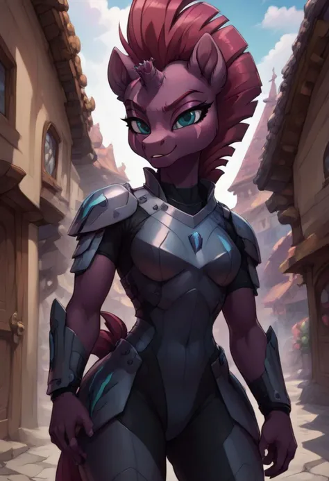 score_9, score_8_up, score_7_up, anthro,
(((tempest shadow, unicorn, horn))), broken horn,
g5, pony, female, mare, tail, dock, solo, 1girl, highly detailed, beautiful, detailed eyes, beautiful eyes, 
small breasts, 
long hair, fluffy hair, biggest hair,
facing viewer, looking at viewer, front view, female focus, view from chesthight,
smug grin, challenging,
standing, wide stance
highly detailed background,
modern ponyville, futuristic ponyville, dentist office in the background
((golden cyber armour)), shoulderpads, corset like chest plate