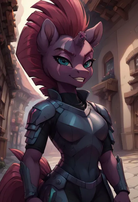 score_9, score_8_up, score_7_up, anthro,
(((tempest shadow, unicorn, horn))), broken horn,
g5, pony, female, mare, tail, dock, solo, 1girl, highly detailed, beautiful, detailed eyes, beautiful eyes, 
small breasts, 
long hair, fluffy hair, biggest hair,
facing viewer, looking at viewer, front view, female focus, view from chesthight,
smug grin, challenging,
standing, wide stance
highly detailed background,
modern ponyville, futuristic ponyville, dentist office in the background
((golden cyber armour)), shoulderpads, corset like chest plate