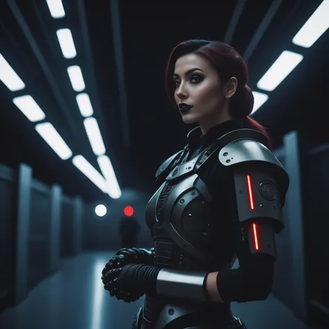 documentary photography photo of a handsome woman dressed in cyber armour in a space station hall<lora:cyber armour-000011:0.6> dark style, darkness, fantasy, gothic, horror, candid, real-life events, social commentary, highly detailed