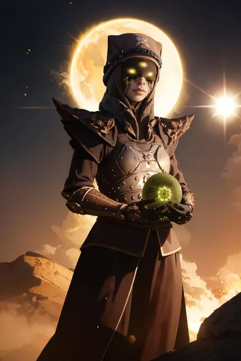 masterpiece, best quality, outdoors, lens flare, depth of field, light particles, 1girl, solo, breasts, looking at viewer,  <lora:erismorn-guy-v2:1>, erismorn, glowing, armor, shoulder armor, orb,