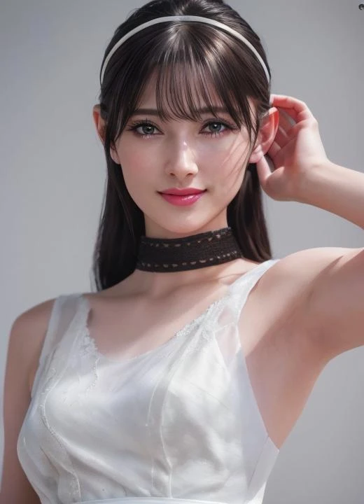 、Fashionable beautiful woman、Gentle and charming Chinese beauty、Korean、(Korean Idol)、Exquisite and sexy clavicle、Charming oval face、Double eyelids、Bright peach blossom eyes、Pink lips、a small nose、Bare shoulders、Close-up of face、(Extremely high definition、Super detailed)、白色露肩蕾丝shirt、((White lace)、fresh and impressive、 Nature、(從Low Angle)、(shiny skin)、(Low Angle))、Perfect body、Areola、cleavage、armpit wrinkles、(((Template、best quality、Highly accurate))、1 girl、(Big 、Photo-realistic:1.4)、(((slightly higher than the camera、Looking up at the camera、Look up、Looking up at the camera、 Staring at the camera)))、solo、shut your mouth、happy smiley face、Beautiful black hair、short hair、big eyes、Obvious double eyelids、eyelash、Stretch out your ears、Long Neck、Long Neck、Absolute area、((Close-up of face、short hairBangs))、19 years old、attractive proportions、shiny skin、Clean collarbone、Golden ratio face、perfect face、Tear moles、 moles on breast、Bangs、干净的Bangs、Beautiful bangs、Lip Gloss、Thin lips、White skin、i took off my clothes、Big breasts、a small face、Staring at the camera slightly upwards、((Smiling at the camera、Perfect white background，Nothing at all、Very very very very very very、Big breasts))、(((Uniforms、shirt、sleeveless)))