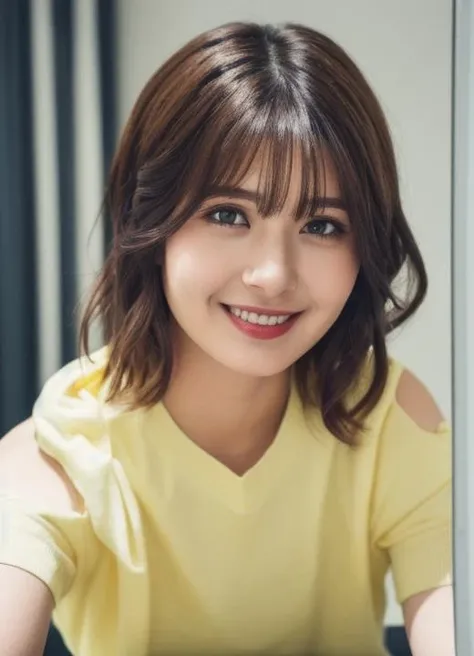 neon, short hair, cinematic lighting, (RAW photo, best quality), (realistic, photo-realistic:1.4), masterpiece, an extremely delicate and beautiful, extremely detailed, 4k wallpaper, Amazing, finely detail, extremely detailed CG unity 8k wallpaper, ultra-detailed, highres, soft light, beautiful detailed girl, (detailed face), extremely detailed face, extremely detailed eyes and face, beautiful detailed nose, beautiful detailed eyes, perfect anatomy, slender body, <lora:neon-11:0.8> , dynamic, indoors, smiling, look at viewer, wearing yellow shirt, selfie,