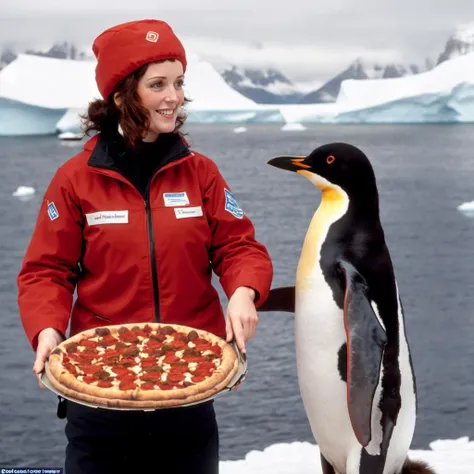 <lora:p1zz4d3l1v3ry Pizza Delivery:1>  a woman delivering a pizza to a penguin in Antarctica