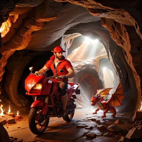 <lora:p1zz4d3l1v3ry Pizza Delivery:1> a man delivering pizza to a dragon inside a cave