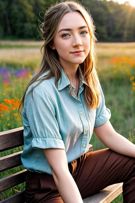 SaoirseR_SoloTI_v1,PA7_Portrait-ECU, (Jo wears a casual blouse, rolled-up sleeves, trousers, and sturdy boots. Her hair is tied back in a messy bun, reflecting her adventurous spirit:1.1), ((Jo finds inspiration in a tranquil meadow. Surrounded by vibrant wildflowers, she sits on a weathered bench, writing in her journal. The golden sun casts a warm glow, creating a serene atmosphere for her creative thoughts:1.2)), (seductive), photorealistic, masterpiece, high quality, artistic, unique, award winning photograph, professional, 8k, RAW photo, best quality,flattering, (cinematic:1.3) shallow DOF, depth of field,sharp focus, <lora:add_detail:0.6>, <lora:LowRa:0.4>