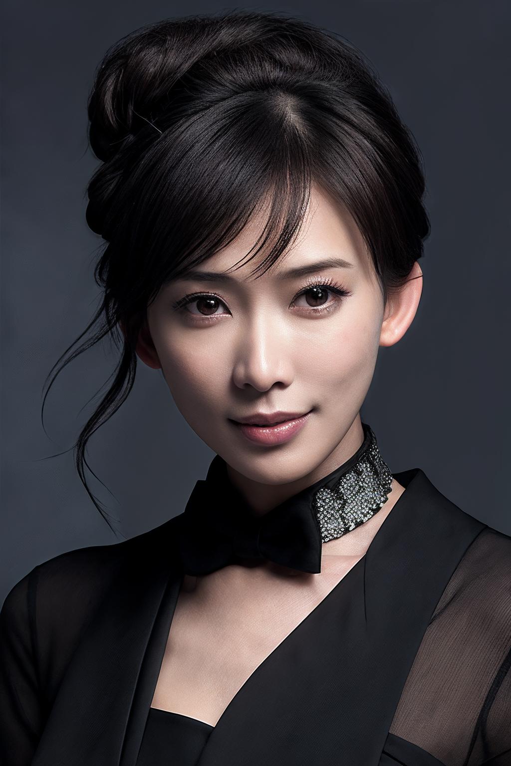 A close up of a woman wearing a black dress and a black bow tie - SeaArt AI