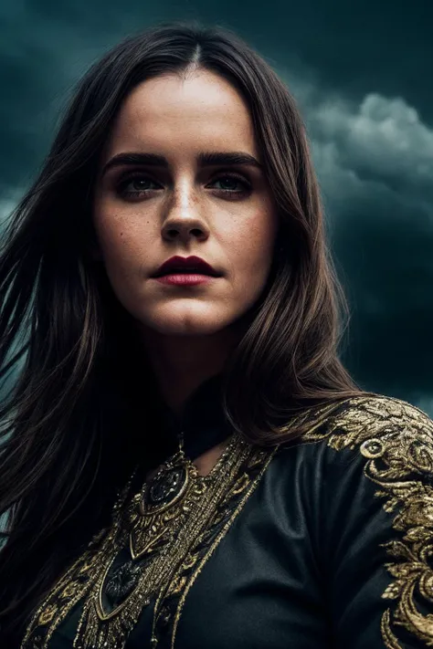 emwats0n,PA7_Portrait-MCU,
a beautiful woman, perfect hair,
Regal and medieval attire, featuring intricate details and rich fabrics, confident and powerful pose, wide-angle shot, (digital, dark and moody colors, a touch of epic filters), (Epic Fantasy Realm Setting, with grand castles, rugged landscapes, and a sense of power and intrigue), intense and determined eyes, a fierce and commanding expression, bold and dramatic lips, (powerful gaze: 1.1), ornate and symbolic accessories, (epic shot: 1.3), (dramatic and atmospheric lighting, emphasizing the dark and epic aesthetic with a combination of strong shadows and focused lights),
<lora:add_detail:0.5>