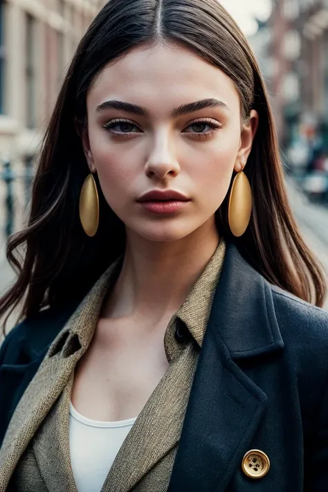 photo of gorgeous (d3v4c4ss3l:0.99), a beautiful woman, perfect hair, (award winning modern photography), (Dirt Brown Wool-blend pea coat in a classic navy or black color with gold buttons:1.1), 85mm, (analog, cinematic, film grain:1.3), (A bustling, vibrant Amsterdam street during a tulip festival:1.2), detailed eyes, (epiCPhoto), earrings, eyeliner, (looking at viewer:1.2), (cinematic shot:1.3), PA7_Portrait-HL_v2