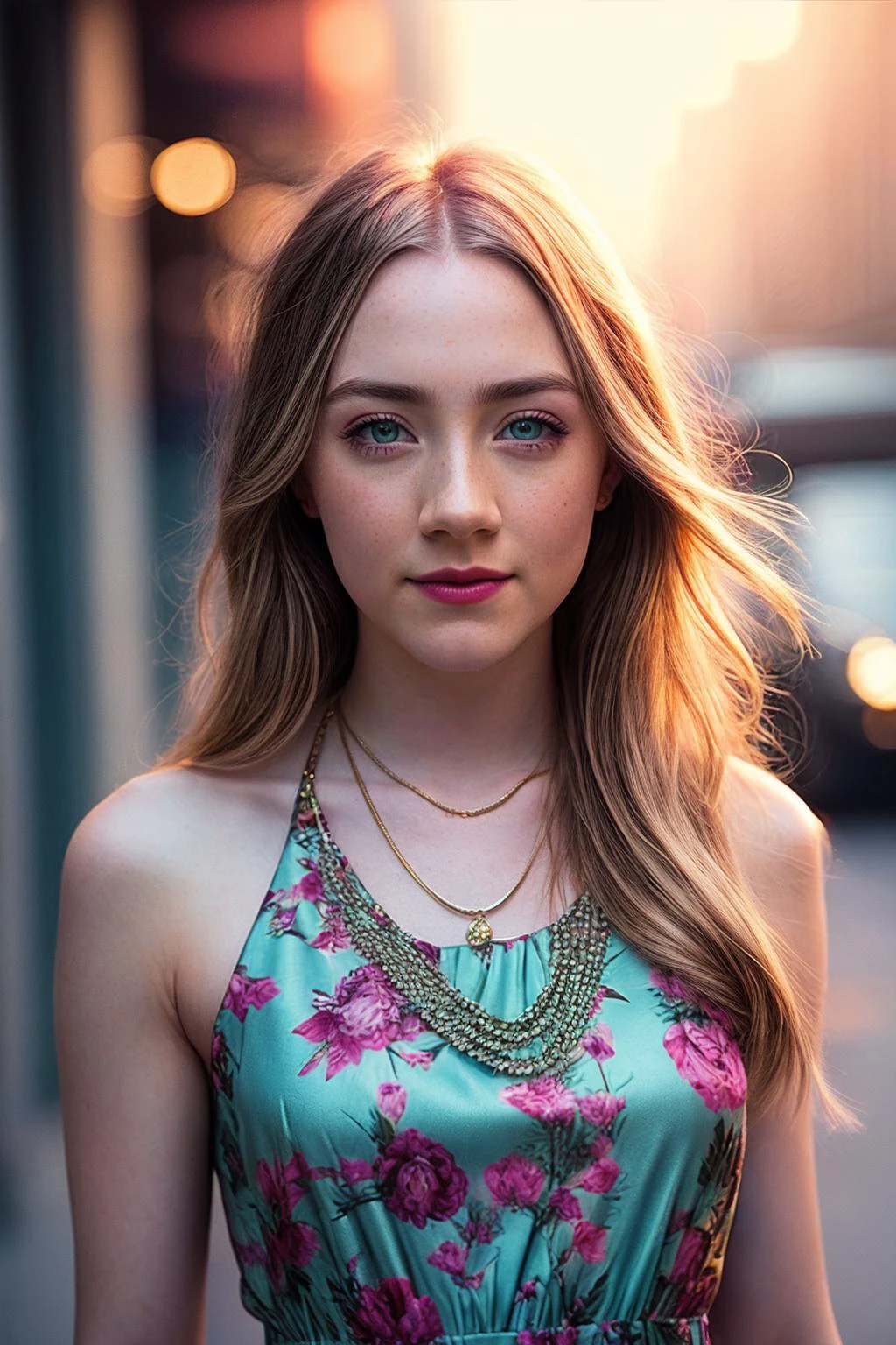 SaoirseR_SoloTI_v1, a beautiful woman, perfect hair, (modern photo, Vintage-inspired floral print dress, statement necklace:1.1), closeup portrait, 85mm, (analog, cinematic, film grain, hazy atmosphere:1.3), ((Vibrant cityscape background, bustling streets, dusk:1.2)), detailed eyes, (painted lips), (seductive), (cinematic shot:1.3), <lora:add_detail:0.6>, <lora:LowRa:0.5>