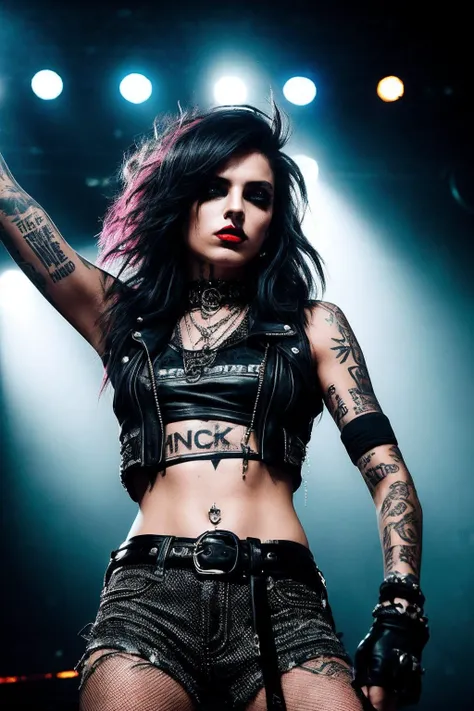a beautiful woman,perfect hair,
Punk rock-inspired attire, featuring edgy and rebellious fabrics, energetic and rebellious pose, low-angle shot, (gritty and bold tones, gritty and raw editing), (Rock Concert Setting, with a high-energy and rebellious atmosphere), fierce and intense eyes, a rebellious and defiant expression, bold and dark lips, (rebellious gaze: 1.1), punk-inspired accessories with a rock and roll edge, (rock concert shot: 1.3), (dramatic and dynamic lighting, creating a high-energy and edgy atmosphere with strong contrasts and dramatic shadows),
<lora:add_detail:0.6>