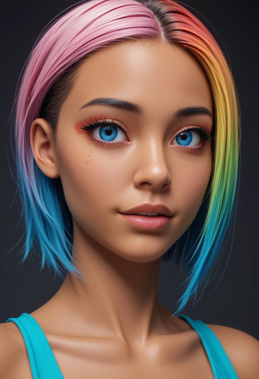 1girl, looking at viewer, 8k, real, extreme face detail, ultrareal, 12k, 4k, beautiful face, colorful medium sidecut hair, sexy, blue eyes, tanned,