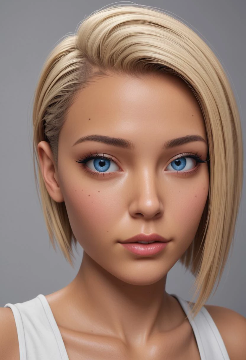 1girl, looking at viewer, 8k, real, extreme face detail, ultrareal, 12k, 4k, beautiful face, blonde medium sidecut hair, sexy, blue eyes, tanned,