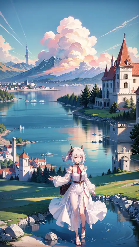 masterpiece, best quality,1girl,full body,scenery background, scenery, sky, blue sky, clouds, wide sky,