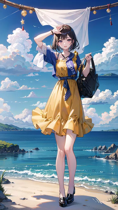 masterpiece, best quality,1girl,full body,scenery background, scenery, sky, blue sky, clouds, wide sky,