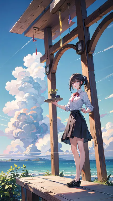masterpiece, best quality,1girl,full body,scenery background, scenery, sky, blue sky, clouds, wide sky,