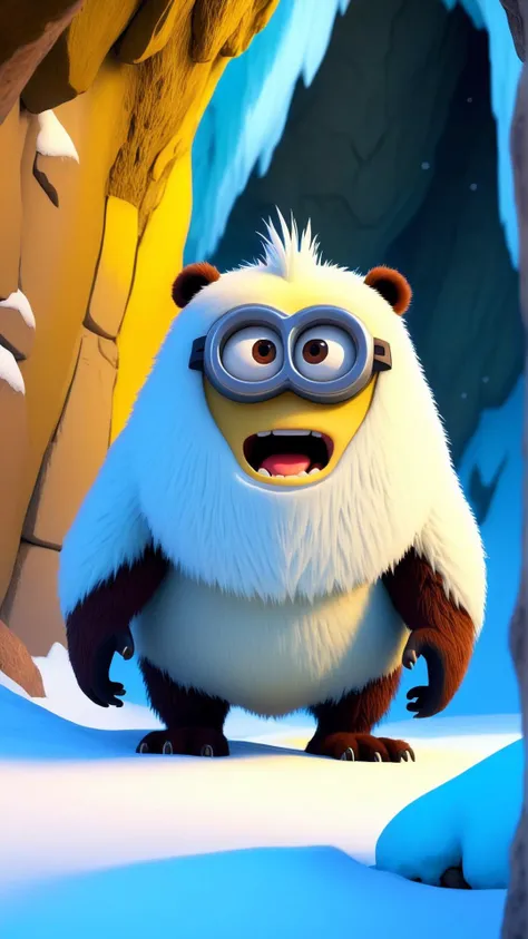 <lora:MinionStyleXL:1.3> MinionStyle snowy peaks during the prehistoric era, a solitary cave bear emerging from hibernation as a minion, 3D, pixar, CG, (colorful:1.2)