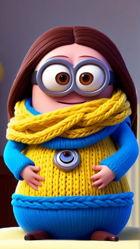 <lora:MinionStyleXL:1.3> MinionStyle a 30 y.o. pregnant woman with brown hair knitting a scarf as a minion, 3D, pixar, CG, (colorful:1.2)