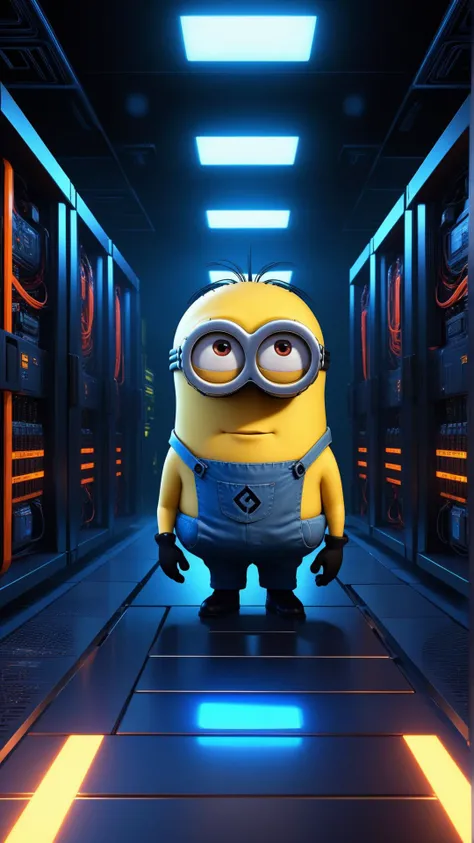 <lora:MinionStyleXL:1.3> MinionStyle portrait, looking at viewer, solo, (full body:0.6), detailed background, detailed face, (<lora:SovietPunkAIv2:0.6>, sovietpunkai, soviet communist theme:1.1) evil high-tech futuristic hacker, advanced technology, techwear, keycard, electronics, head-up display, blue (holographic display:1.05), unauthorized, barcode, computer, graph, server room in background, orange lights, espionage, dark sinister atmosphere, as a minion, 3D, pixar, CG, (colorful:1.2)