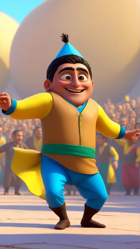 <lora:MinionStyleXL:1.3> MinionStyle a Kurdish man with caramel skin, wearing a sherwal, dancing at a Newroz celebration as a minion, 3D, pixar, CG, (colorful:1.2)