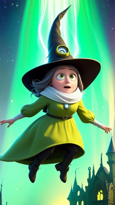 fantasy, archaeology theme, <lora:MinionStyleXL:1> MinionStyle Style-GravityMagic, looking up, solo, upper body, detailed background, (victorian theme:1.1), witch hat, witch, magical atmosphere, hair flowing in the wind, green trimmed light colored clothes, dynamic pose, colorful glowing magic streams in the air, dark magic, floating particles, ruined castle background, as a minion