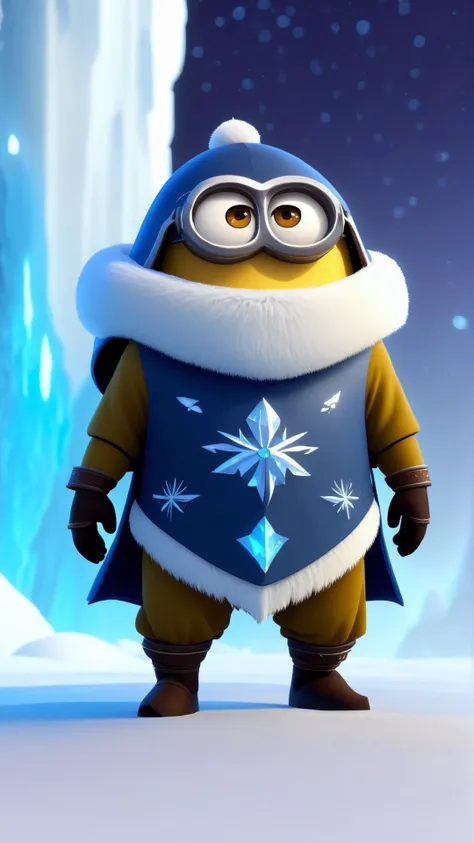 <lora:MinionStyleXL:1.3> MinionStyle solo, half shot, detailed background, detailed face, (feudal japan theme:1.1), Indigo winter warrior, (glowing eyes:1.05), stern expression, paladin, dynamic pose, furs, cape, surrounded by magical glow, ice crystals, arctic winter, windy background, rock formations in background low light, dark night, cinematic atmosphere, as a minion, 3D, pixar, CG, (colorful:1.2)