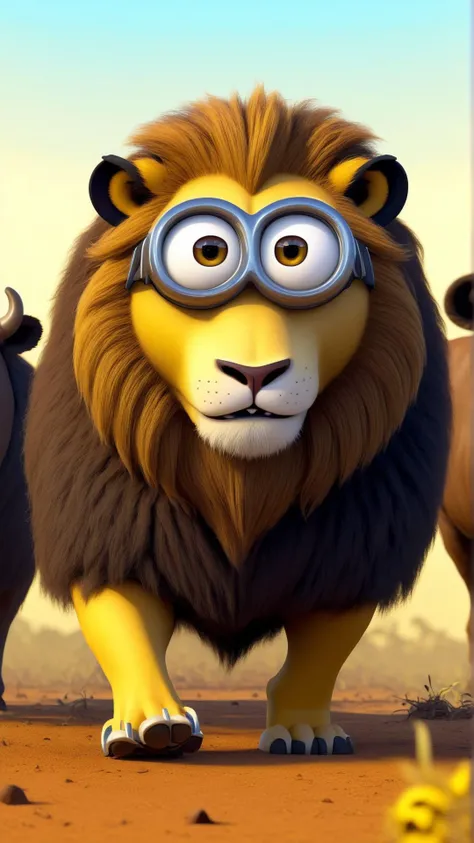 fantasy, archaeology theme, <lora:MinionStyleXL:1.3> MinionStyle a lion trying to separate a buffalo from its herd in the savannah as a minion, 3D, pixar, CG