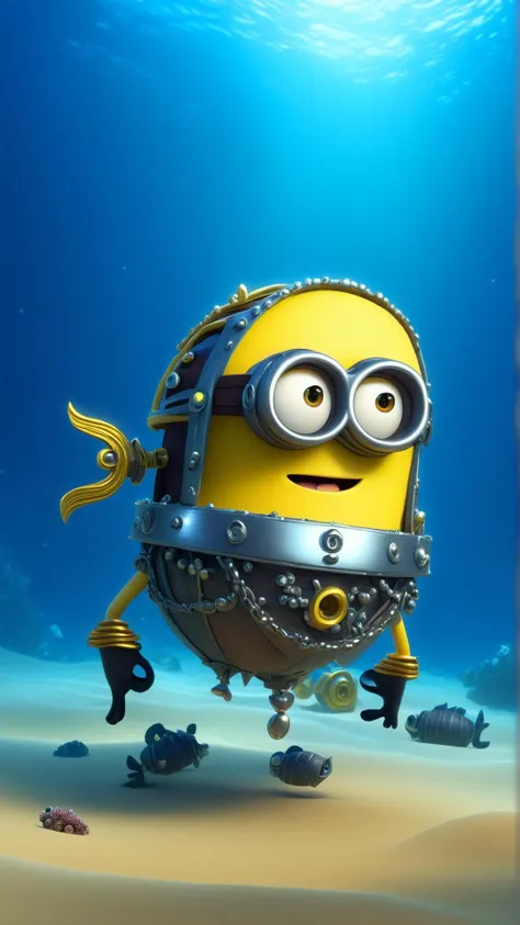 fantasy, archaeology theme, <lora:MinionStyleXL:1.3> MinionStyle a woman discovering an intricate piece of pirate jewellery on the seabed as a minion, 3D, pixar, CG